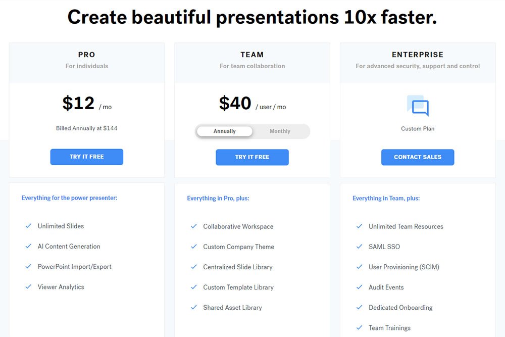 Beautiful AI Marketing Tool Pricing Table