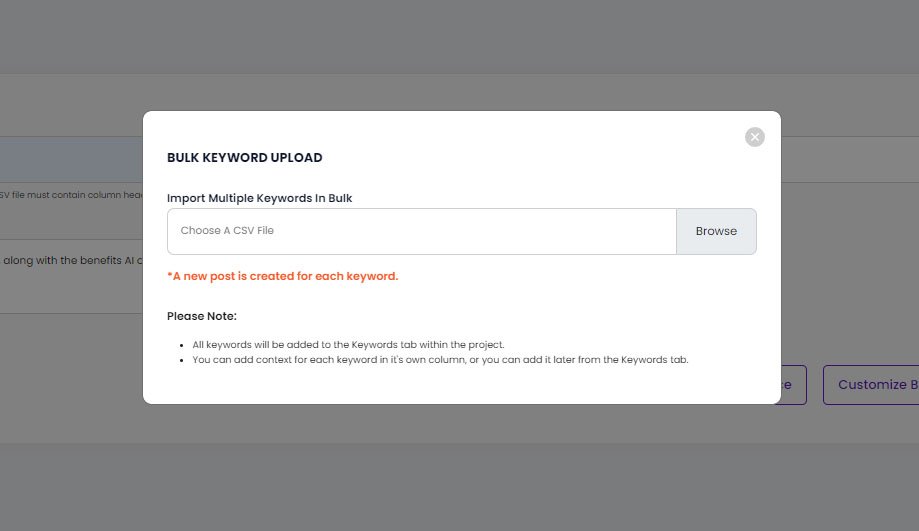 Bulk Keyword Upload - Popup