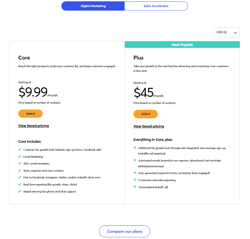 Constant Contact Pricing Table