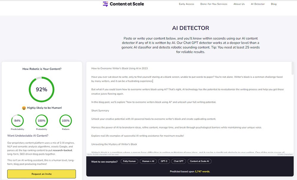 Content at Scale - AI Content Detector Showing 92% Results, "Highly Likely to be Human!"