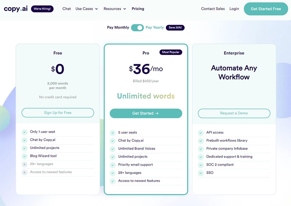 Copy.ai Email Writer Pricing Table