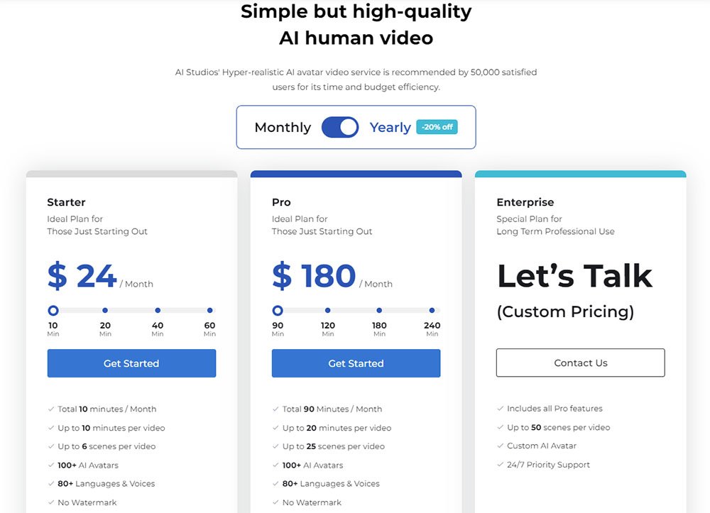 DeepBrain IO Pricing Table