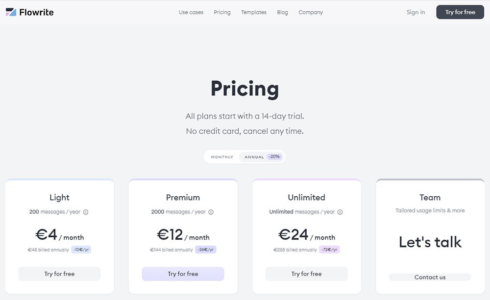 Flowrite AI Email Writer Tool Pricing Table