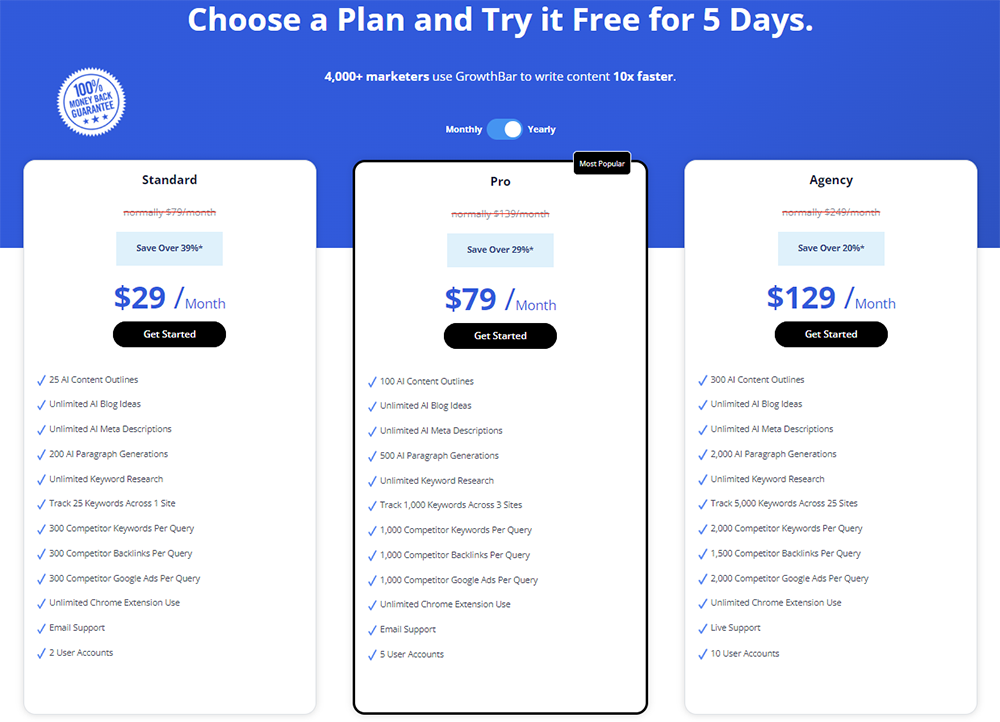 GrowthBar SEO AI Writing Tool Pricing Plans