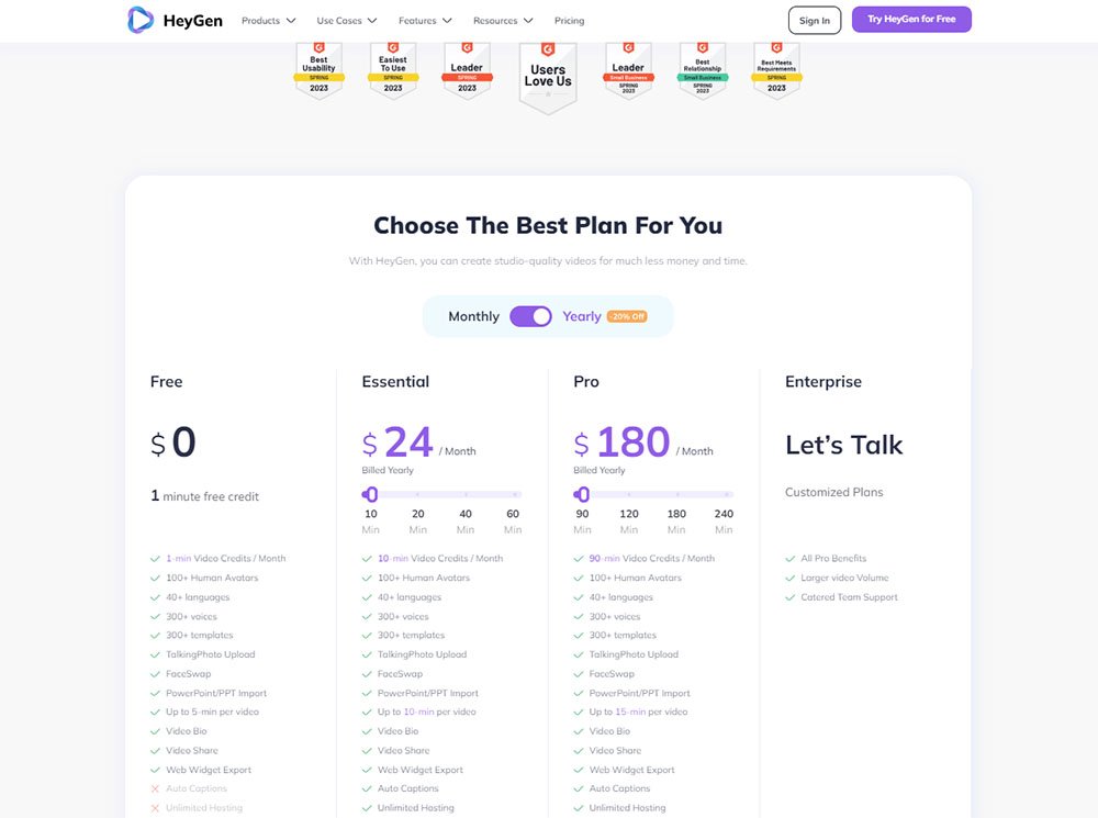 HeyGen IO Pricing Table