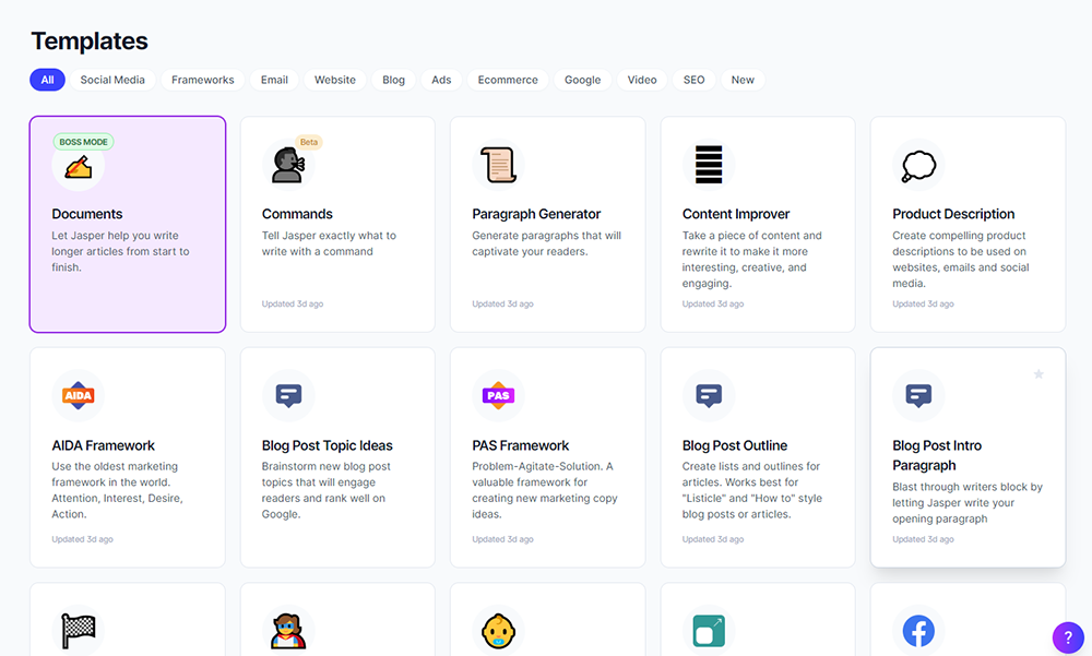 Jasper Includes 50+ Templates & Tools