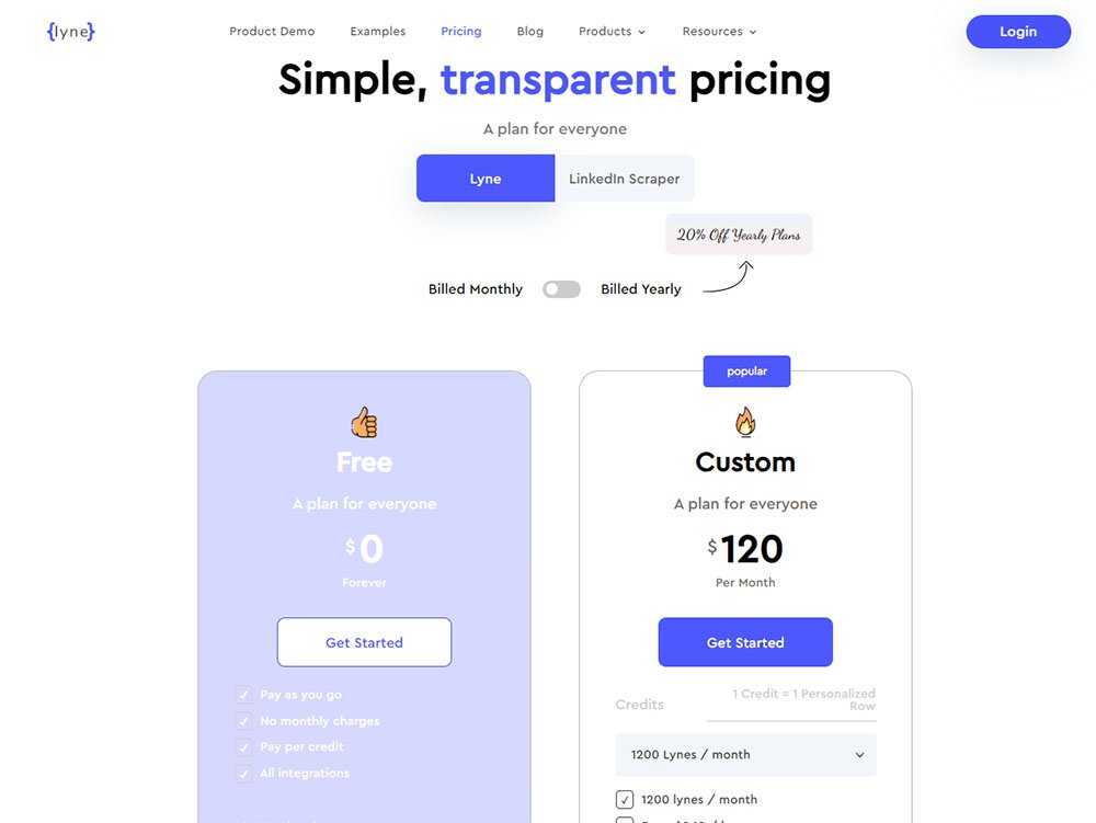 Lyne AI Pricing Table