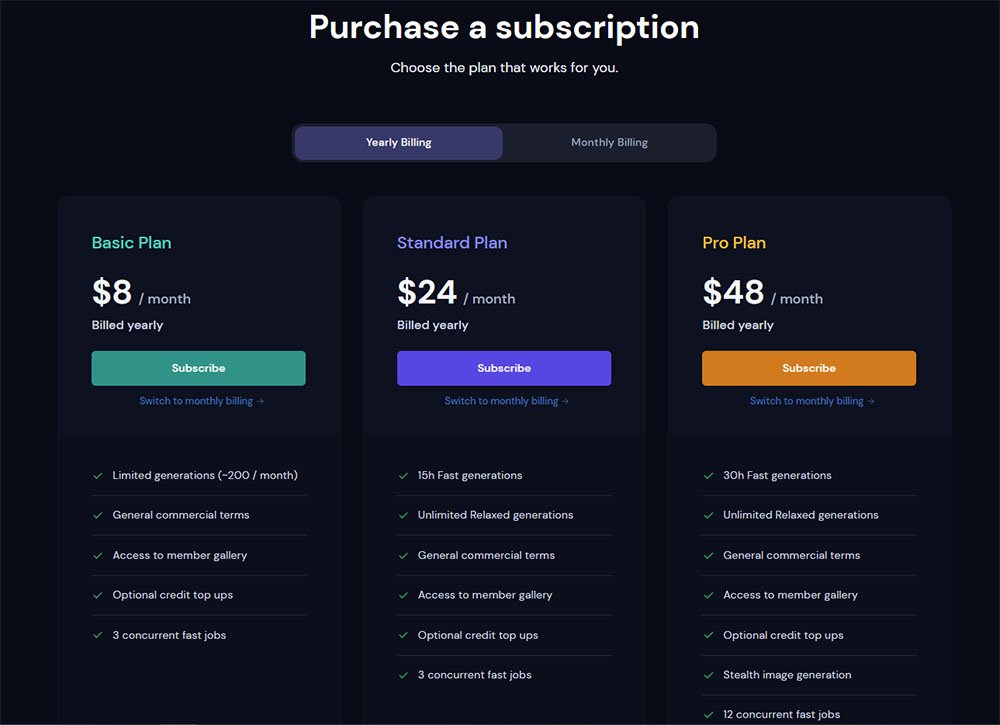 Midjourney Purchase a Subscription - Pricing Table!