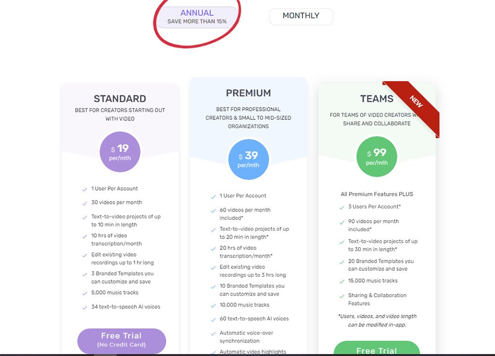 Pictory AI Pricing Table