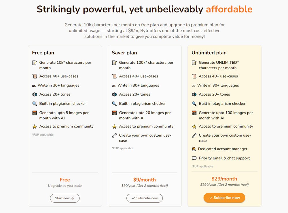 Rytr AI Pricing Table