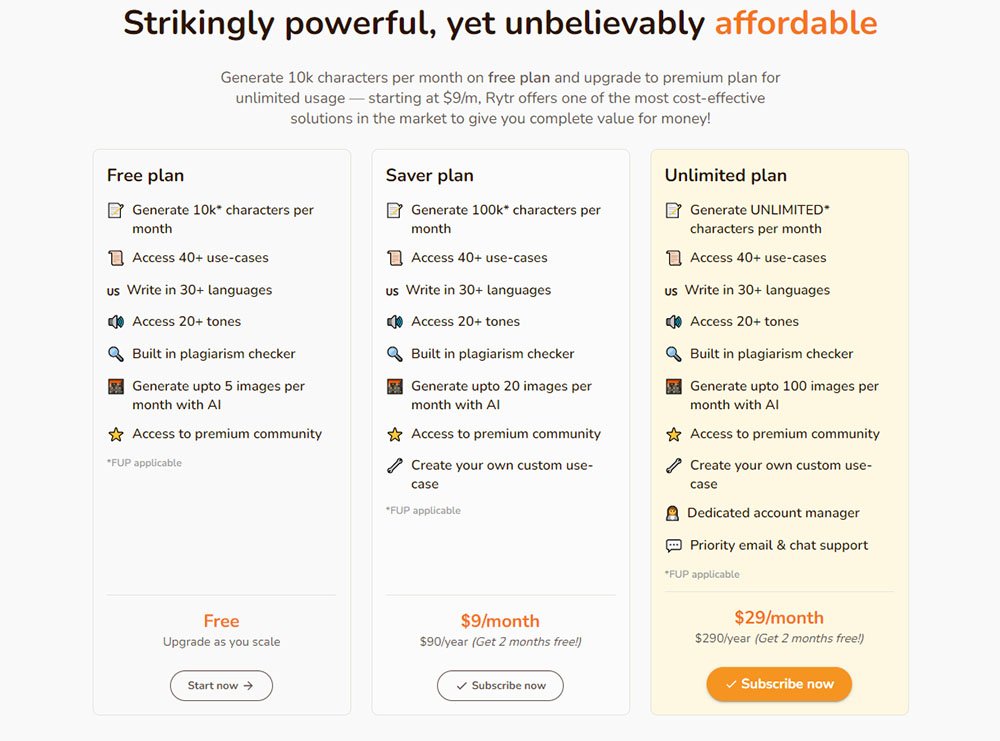 Rytr AI Story Generator Pricing Table