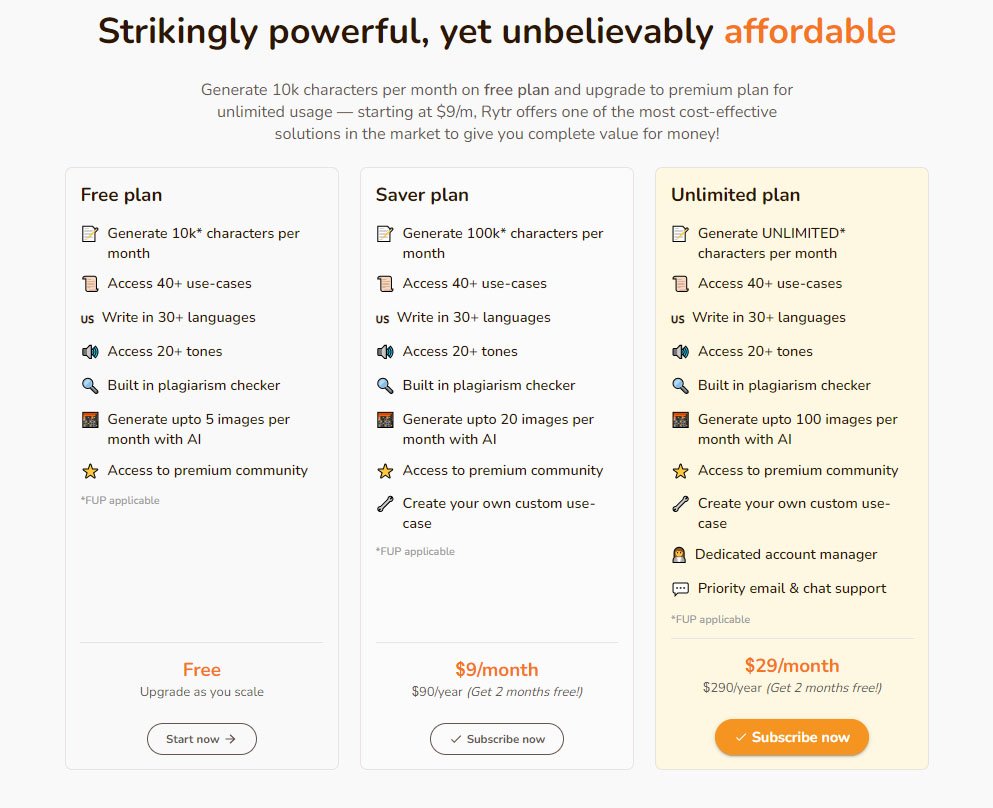 Rytr AI Writing Tool Pricing Table