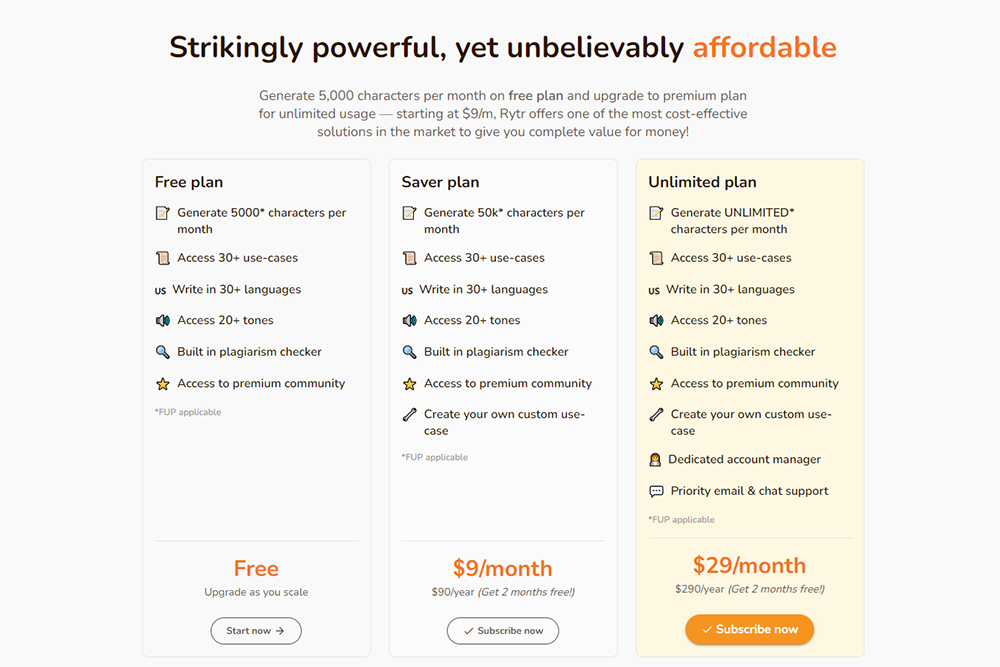 Rytr.me - Pricing Table