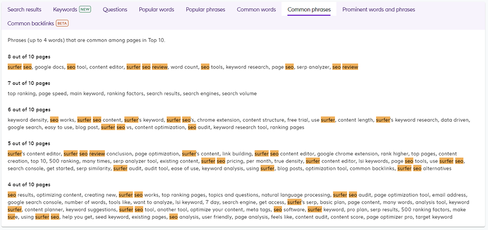 Common Phrases Tab in the SERP Analyzer