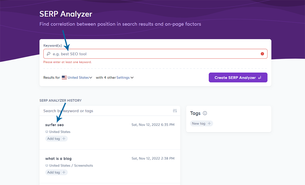 Surfer SEO SERP Analyzer - Create a Project