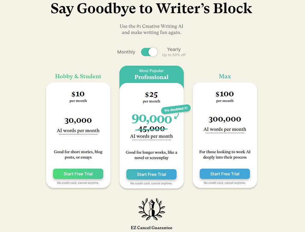 SudoWrite AI Novel Writing Software Pricing Table