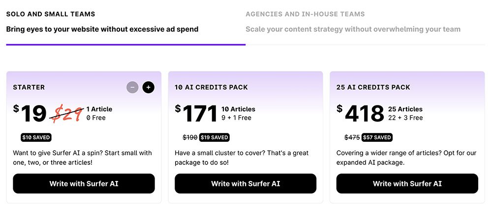 Surfer AI Pricing Table