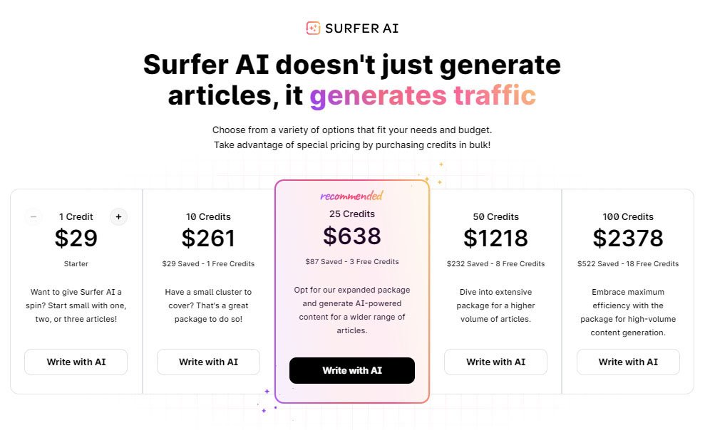 Surfer AI Pricing Table