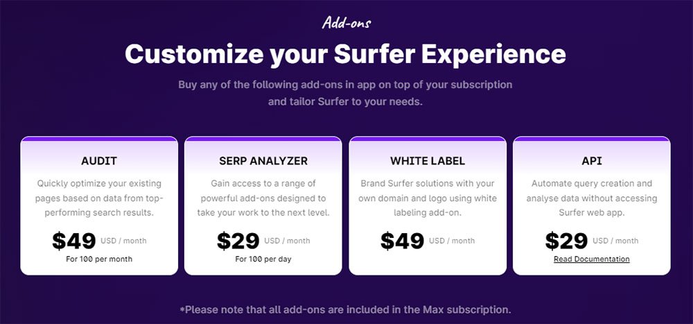 Customize your Surfer Experience with any of their add-ons and tailor Surfer to your needs