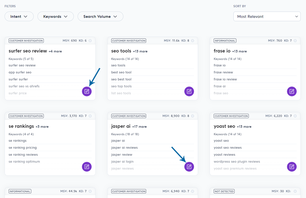 Surfer's Keyword Research Summary page