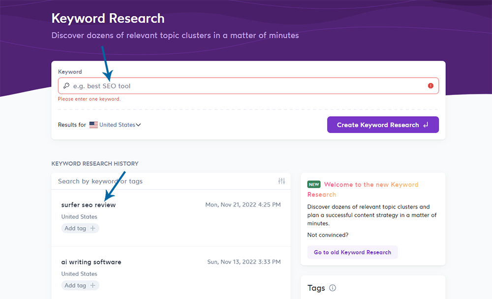 Surfer SEO Keyword Research Tool