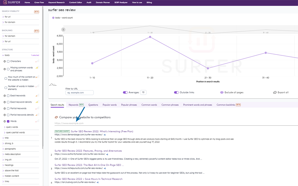 Surfer SEO SERP Analyzer Dashboard - compare your website to competitors