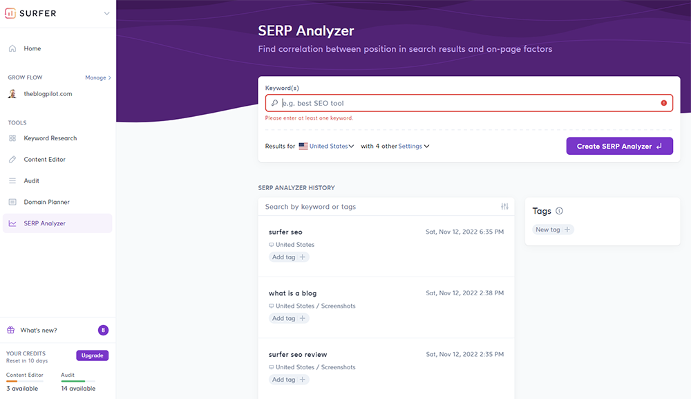 Surfer SEO SERP Analyzer