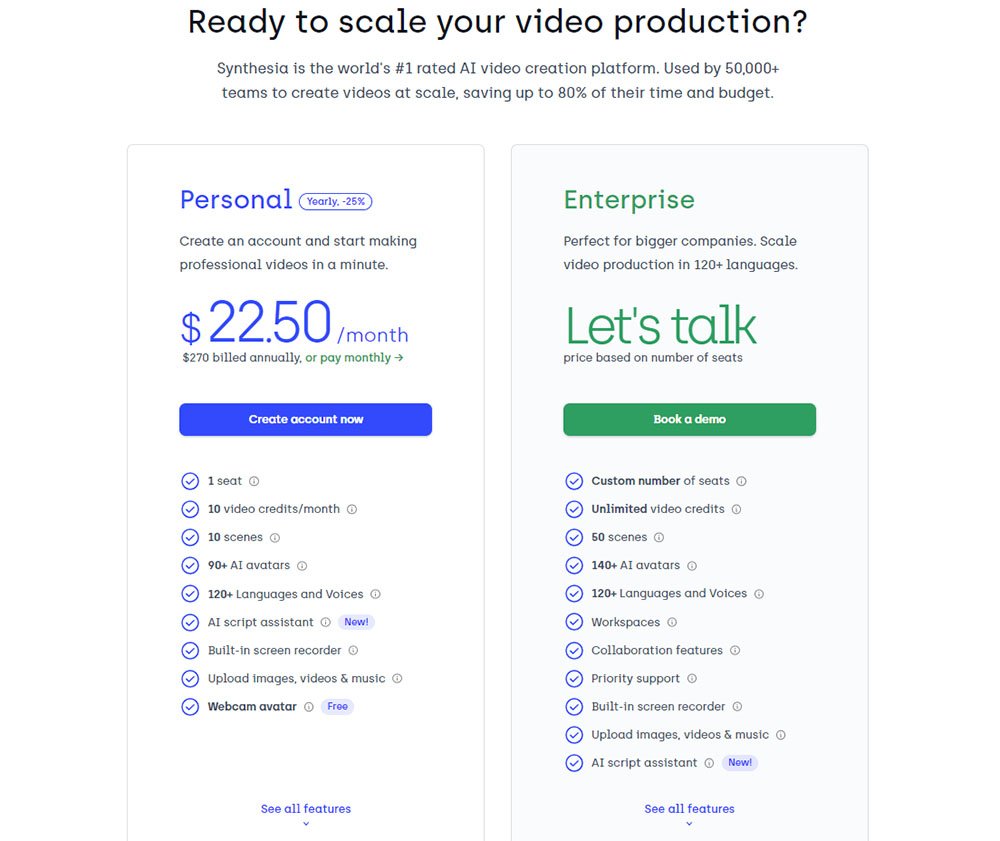 Synthesia IO Pricing Table