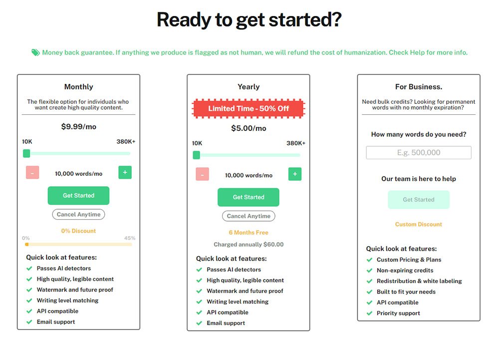 Undetectable AI Pricing Table