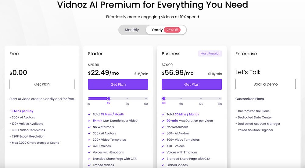 Vidnoz AI Pricing